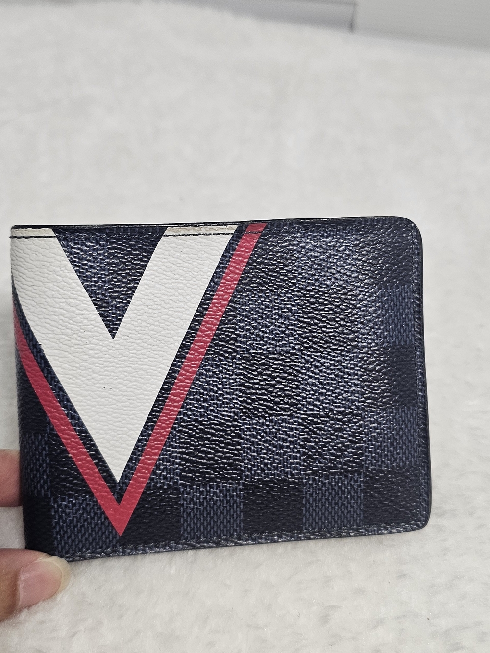 Louis Vuitton Navy Check Bifold Wallet with White and Red V Motif